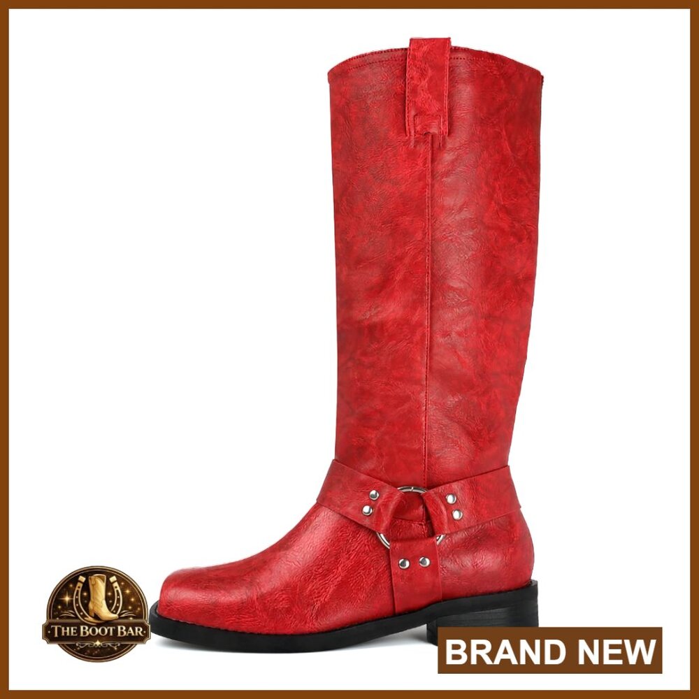 Knee High Boots Chunky Heel Buckle Square Toe Pull On Motorcycle Biker Riding